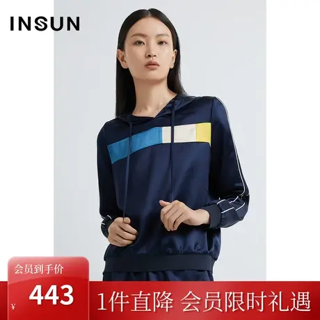 恩裳2023早春新品醋酸高级撞色休闲卫衣套头连帽休闲上衣图片