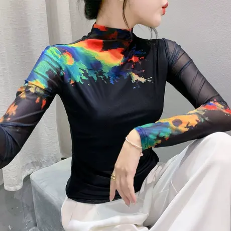 个性网纱印花上衣性感半高领透气长袖T恤女洋气显瘦欧货打底衫ins商品大图