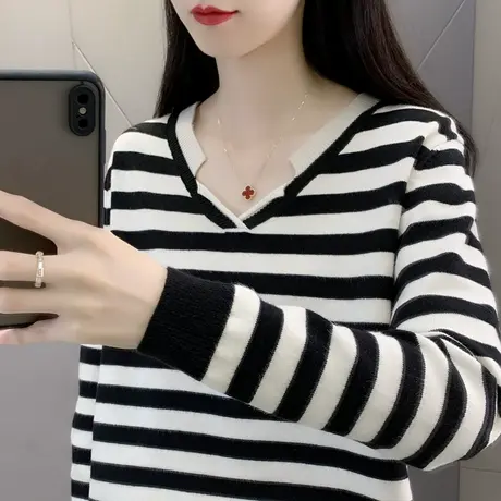 早秋新款2023V领针织衫女爆款黑白条纹薄款长袖套头毛衣宽松显瘦商品大图