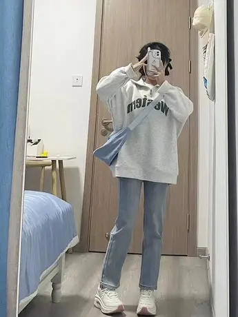 小个子polo领灰色正肩卫衣春秋2023新款女半拉链上衣外套oversize商品大图