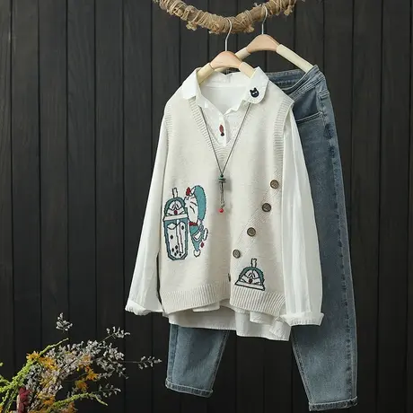 卡通提花V领针织马夹女士背心秋季新品无袖外搭毛衣坎肩宽松上衣商品大图