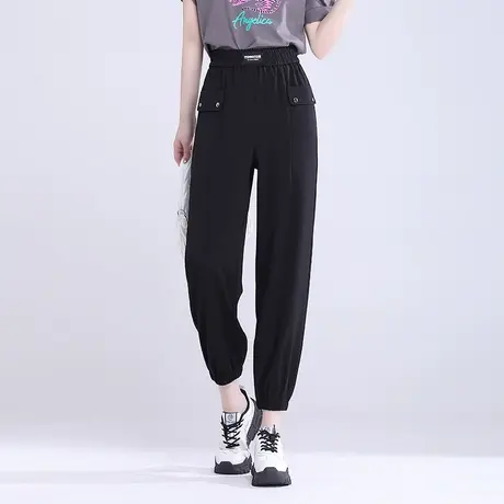 黑色九分束脚工装裤哈伦裤女夏季2023新款松紧腰显瘦百搭休闲裤子商品大图