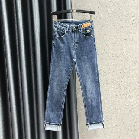 欧货蓝色个性贴标牛仔直筒裤女2023秋季新款高腰显瘦卷边烟管裤潮图片