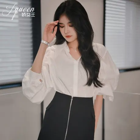 泡泡袖衬衫女2023秋季新款法式气质宽松显瘦翻领小众长袖白色衬衣商品大图