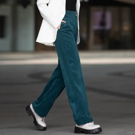 湖蓝色灯芯绒裤子女秋冬雪尼尔阔腿裤女2023年新款加厚加绒条绒裤商品大图