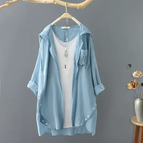 夏季防晒衣女中长款连帽防晒衬衫女长袖宽松休闲薄款衬衣外套上衣商品大图