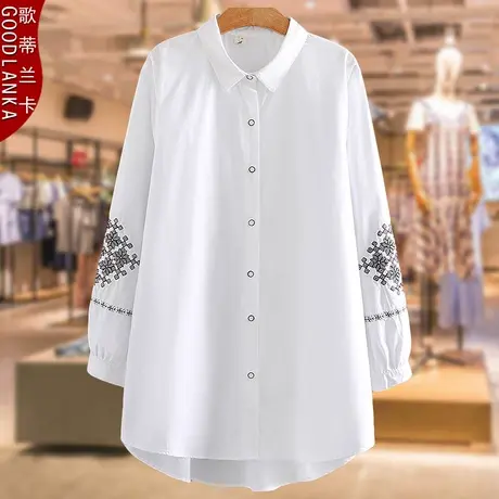 40-50岁中年胖妈妈春装纯棉衬衣大码中长款宽松洋气长袖白衬衫女图片