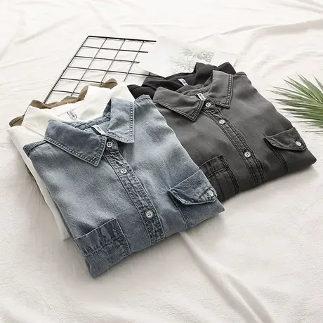 复古叠穿软牛仔衬衫女春秋装百搭长袖打底上衣外套2021新款小个子图片