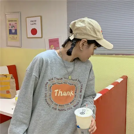 红续~2023新款宽松oversize薄款创意字母长袖圆领卫衣女外套上衣商品大图