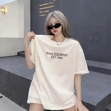 美式复古重磅纯棉短袖t恤女夏季宽松韩版潮oversize正肩女装上衣商品大图