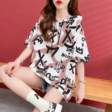 设计感小众连帽短袖t恤女夏季韩版宽松大码女装中长款ins上衣服潮图片