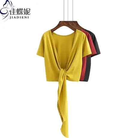 夏季新款韩版纯棉开衫短袖体恤上衣女装纯色休闲短款T恤图片