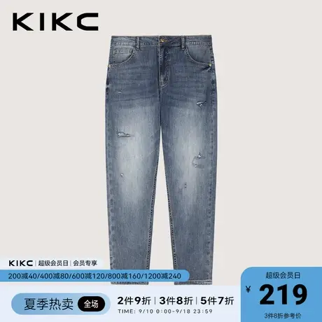 kikc牛仔裤男2023春夏新款商场同款复古休闲潮流深蓝色破洞裤子图片