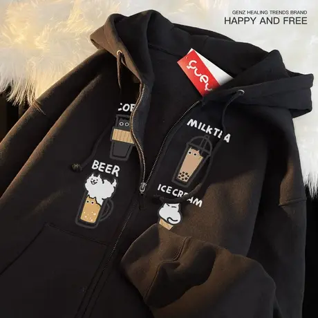 悦游 猫饮品 可爱外套男生加绒连帽开衫卫衣男潮ins宽松潮流猫咪图片