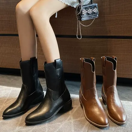 2023年新款欧美西部靴复古骑士平底中筒套筒粗跟尖头骑士靴子潮商品大图