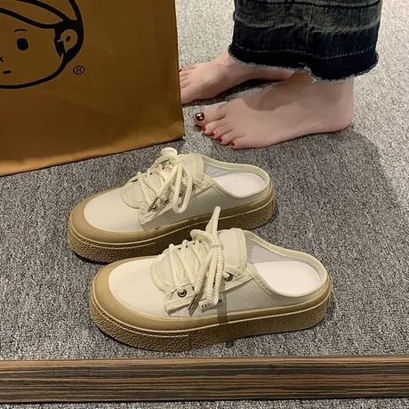 包头半拖小白鞋女夏外穿2023年新款懒人百搭无后跟一脚蹬懒人拖鞋商品大图