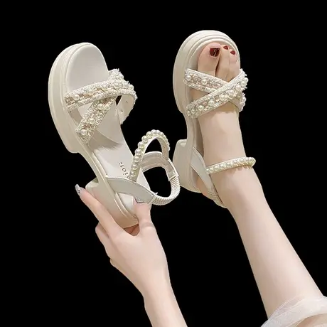 凉鞋女粗跟2023年夏季新款仙女风法式小香风珍珠厚底罗马鞋配裙子商品大图