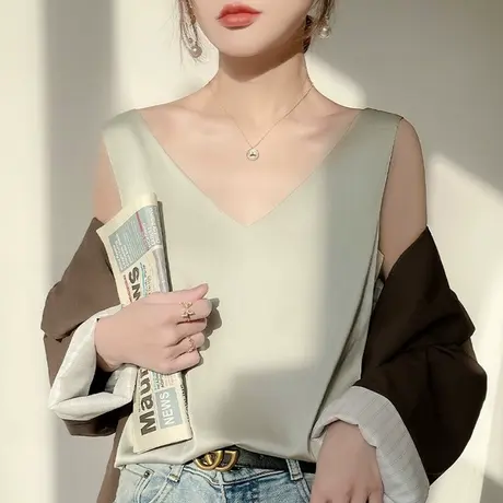 吊带背心女西装内搭夏白色醋酸缎面仿真丝上衣V领宽肩西服打底衫图片
