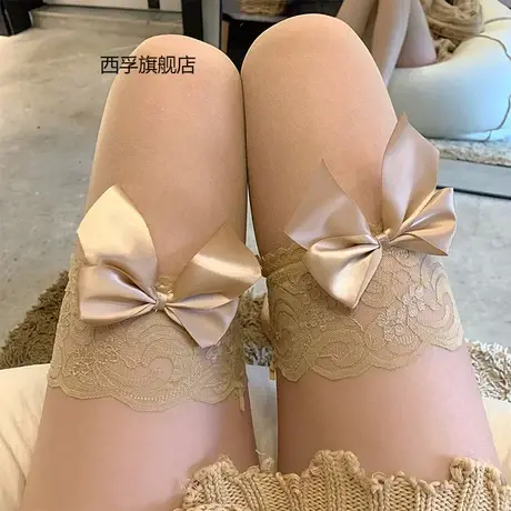 网红御姐风性感肤色蝴蝶结透肤黑丝袜春夏薄款纯欲蕾丝花边过膝袜商品大图