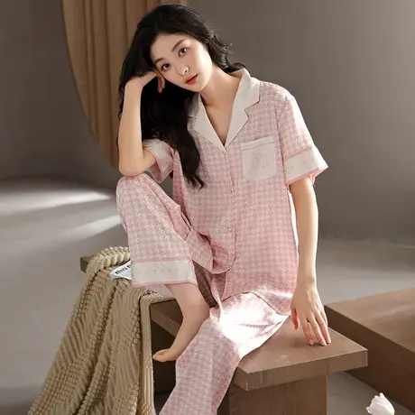 婷美新款睡衣女士春秋季冰丝可外穿开衫短袖休闲夏天家居服两件套图片
