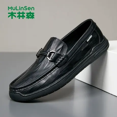 木林森男鞋春季商务正装休闲皮鞋男士一脚蹬懒人软底黑色豆豆鞋子商品大图