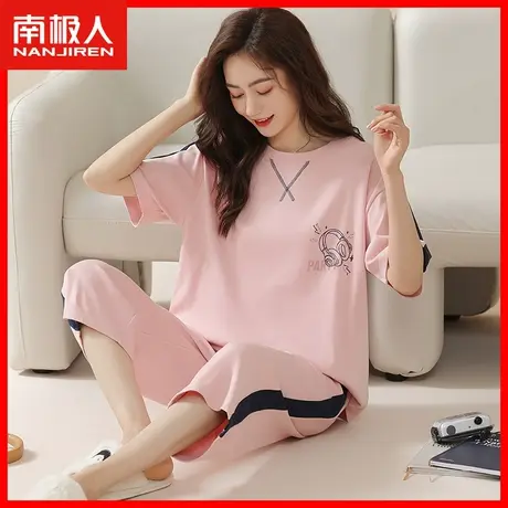 睡衣女秋天短袖七分裤秋季薄款透气可出门大码女士家居服两件装QS图片