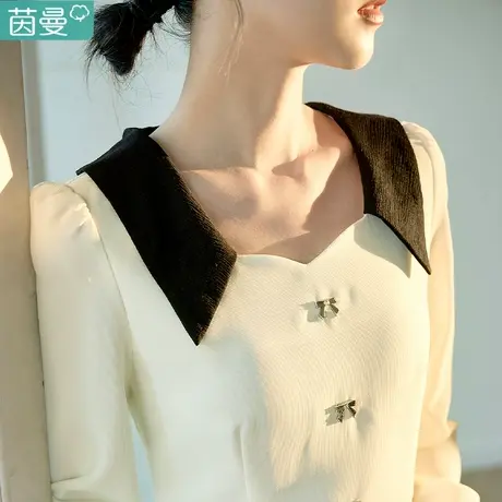 茵曼旗舰店复古撞色翻领连衣裙女2023春季新款收腰显瘦华夫格肌理图片