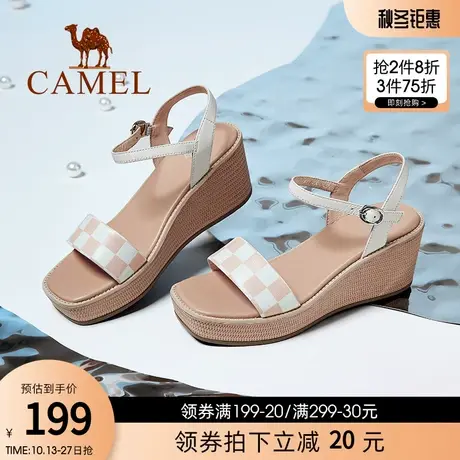 骆驼女鞋2023夏季新款厚底粗跟凉鞋一字带方头时尚防水台高跟鞋图片