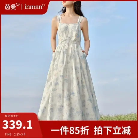 茵曼亚麻吊带碎花连衣裙女2024春季新款收腰显瘦方领裙子气质长裙图片