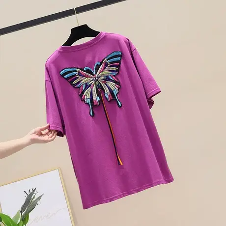 中长款2023年夏季新款重工刺绣蝴蝶短袖t恤女大码女装洋气减龄潮商品大图