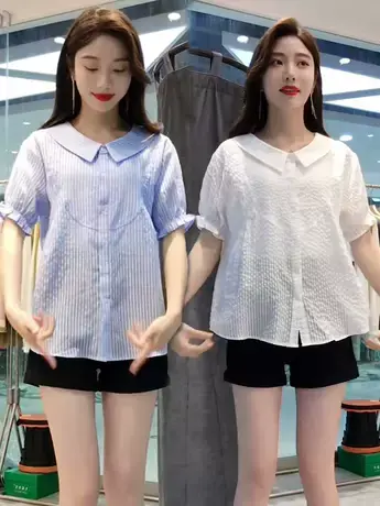 条纹娃娃领衬衫女2023夏新款小清新收腰上衣宽松泡泡短袖衬衣上衣商品大图