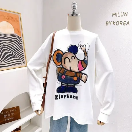 欧货时尚洋气彩色小象长袖2023秋款纯棉加厚T恤打底衫大码女遮胯图片