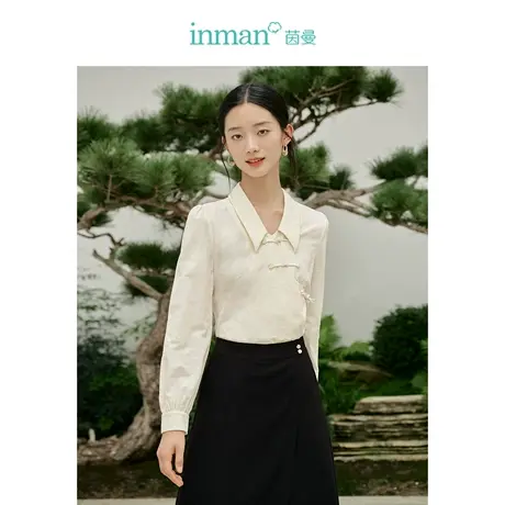 茵曼新中式尖角领钉珠盘扣提花衬衣2023秋女装新款宽松泡泡袖上衣图片