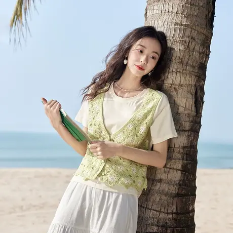 茵曼时尚复古假两件针织衫2023夏季女装新款宽松镂空小花短袖上衣商品大图