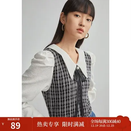 茵曼早秋装新款女尖领千鸟格蝴蝶结高级感气质名媛也爱的毛衣图片