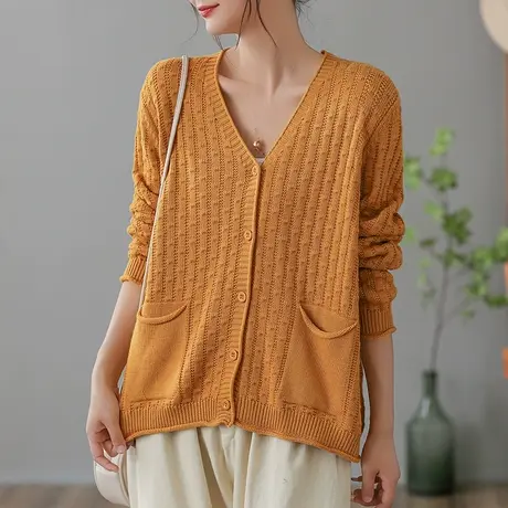 dza 复古宽松V领针织开衫女士春秋休闲毛衣外套短款外搭长袖上衣商品大图