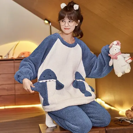 猫人秋冬季睡衣女长袖法兰绒加绒加厚2023新款大码女士家居服套装图片