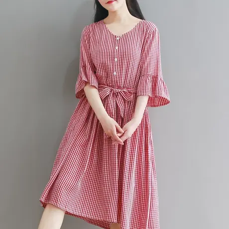 胖妹妹夏季2023新品棉质五分荷叶袖连衣裙加大码格子文艺复古裙子图片