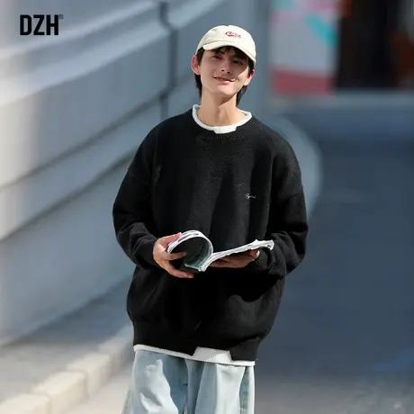 男士黑色圆领毛衣男宽松慵懒风秋季男装2023新款假两件上衣针织衫商品大图