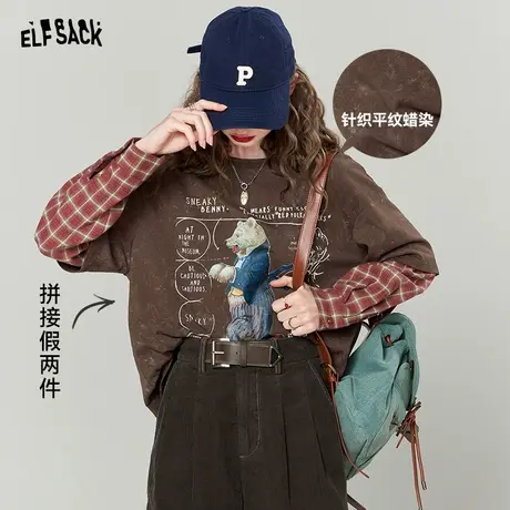 妖精的口袋拼接假两件长袖t恤女2023秋季新款美式复古设计感上衣图片