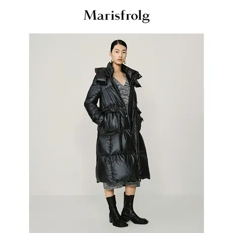 【兜帽设计羽绒服】玛丝菲尔冬季新款黑色显瘦亮面长款腰带羽绒服商品大图
