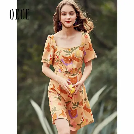 Oece夏装新款女装 智熏法式桔梗裙子复古法式印花连衣裙春夏图片