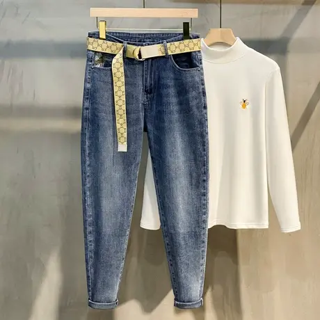 2023春秋季新款牛仔裤男韩版潮流百搭潮牌修身小脚长裤子休闲九分图片