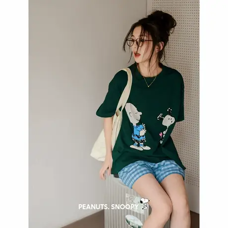 贝妍睡衣女夏季薄款纯棉短袖家居服可爱史努比少女可外穿宽松套装商品大图