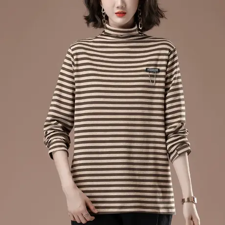 秋冬季新款高领打底衫女加肥加大码女装中年妈妈条纹百搭t恤长袖商品大图