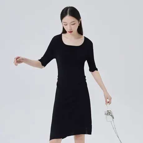 艾莱依小个子气质显瘦针织连衣裙女夏季新款时尚感简约短袖中长裙商品大图