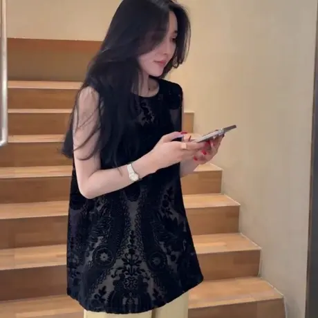 提花镂空后背新中式衬衫女2025新款爆款夏季高级感背心无袖上衣潮图片