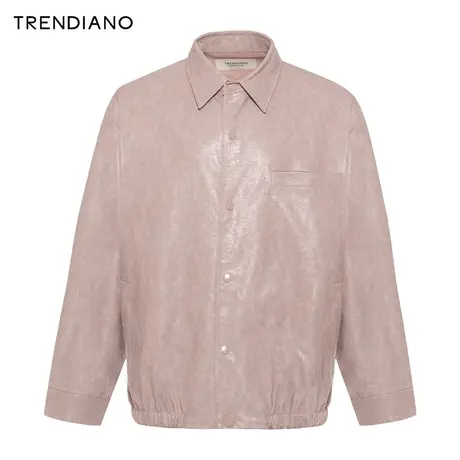 TRENDIANO官方藕粉色PU皮廓形翻领外套男潮2023新款冬季商品大图