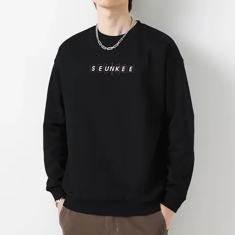 380g重磅纯棉卫衣男圆领套头无帽上衣宽松潮流摇粒绒黑色长袖t恤商品大图