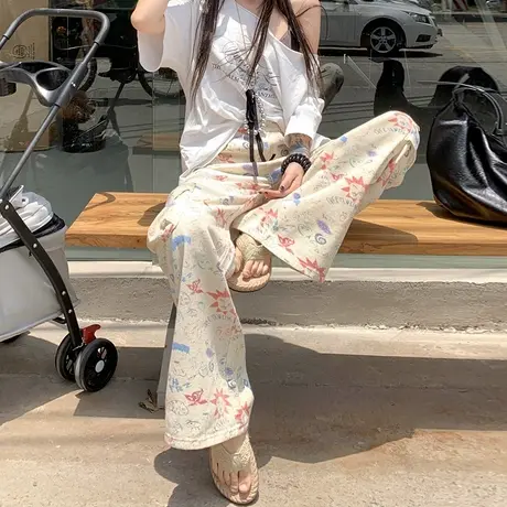 设计感涂鸦工装阔腿裤女2025秋季新款高腰宽松显瘦彩绘休闲直筒裤商品大图
